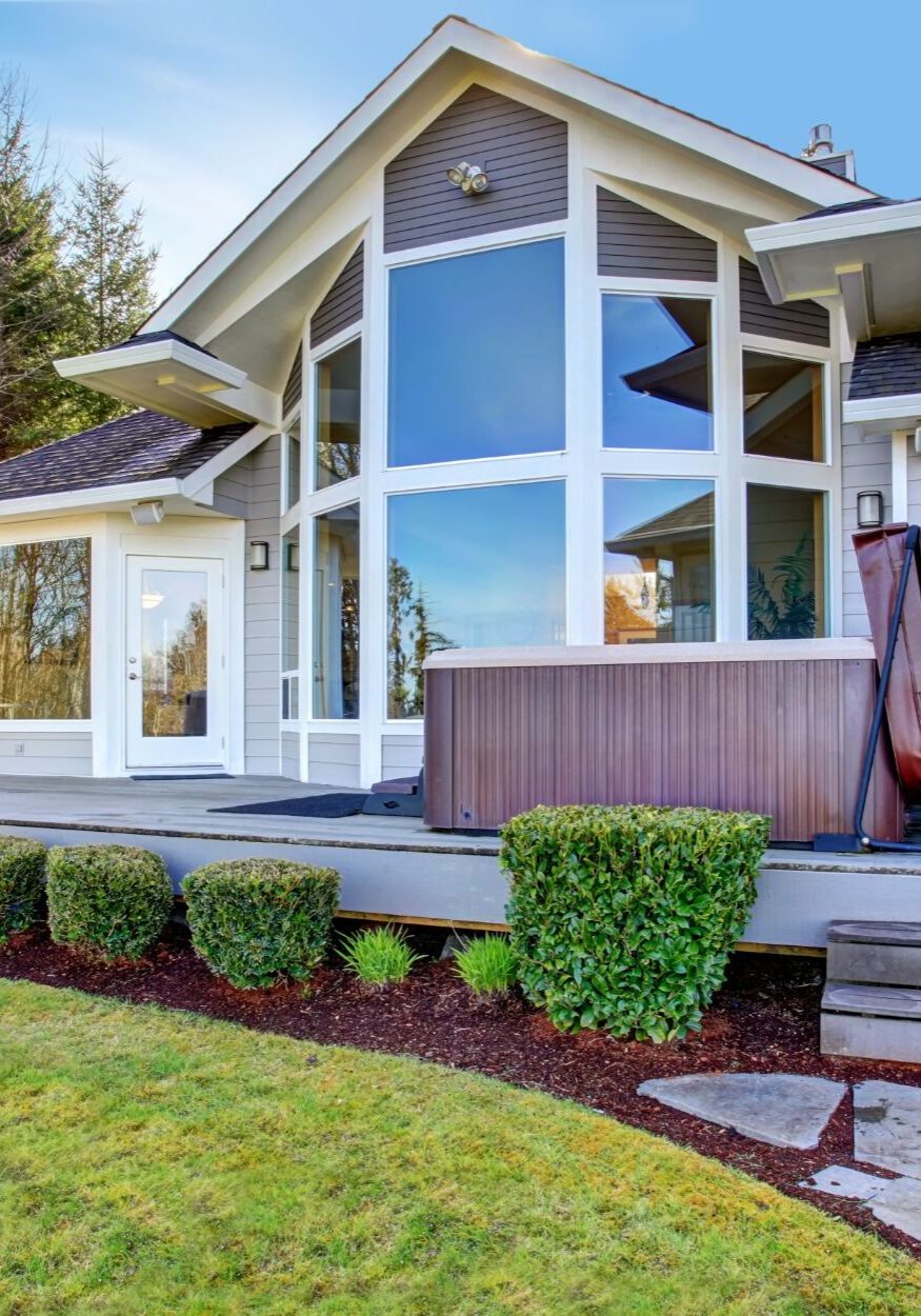 Traditional Back Deck With Tall Windows And Jacuzzi Tub Landscape