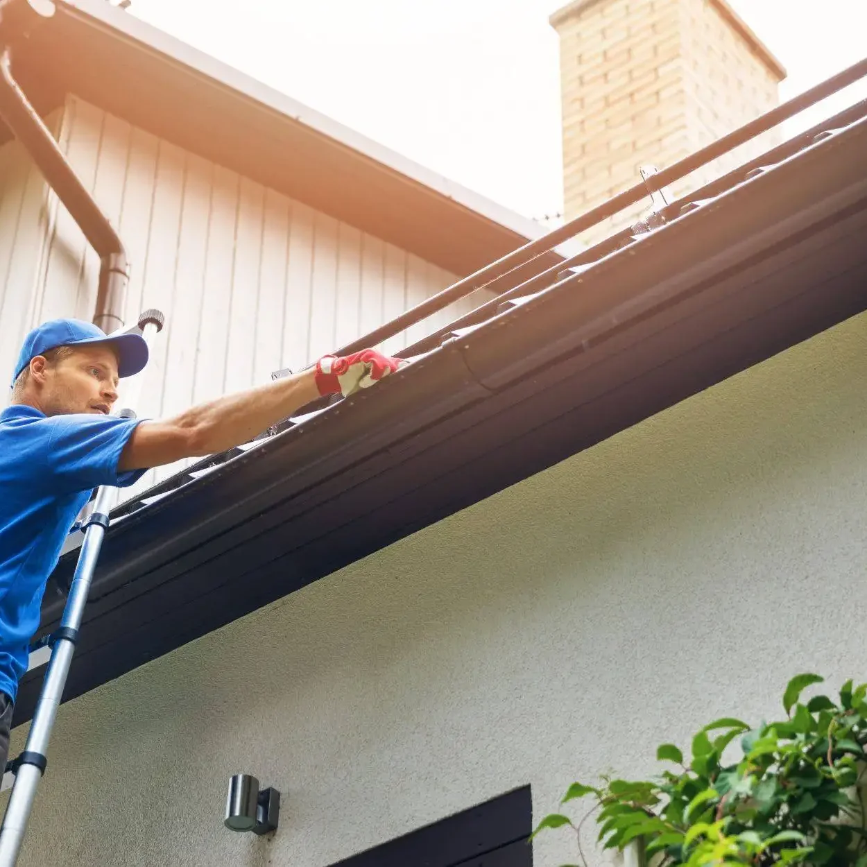 Man On Ladder Cleaning House Gutter From Leaves And Dirt
